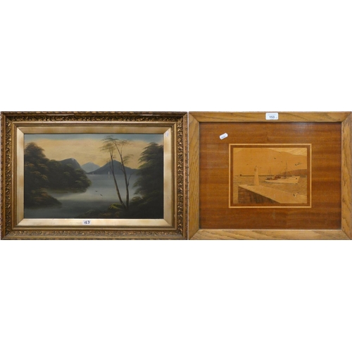153 - An oil on board depicting lake side scene, gilt frame, unsigned 83 x 53cm, together with a framed ma... 