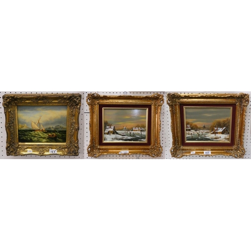 155 - A pair of gilt framed oil on board paintings of winter scenes, together with an oil on board, depict... 
