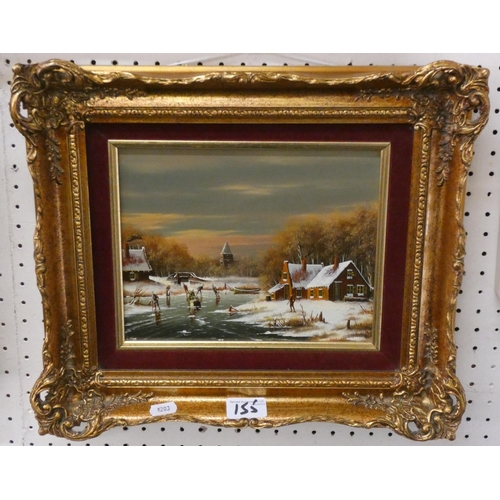 155 - A pair of gilt framed oil on board paintings of winter scenes, together with an oil on board, depict... 