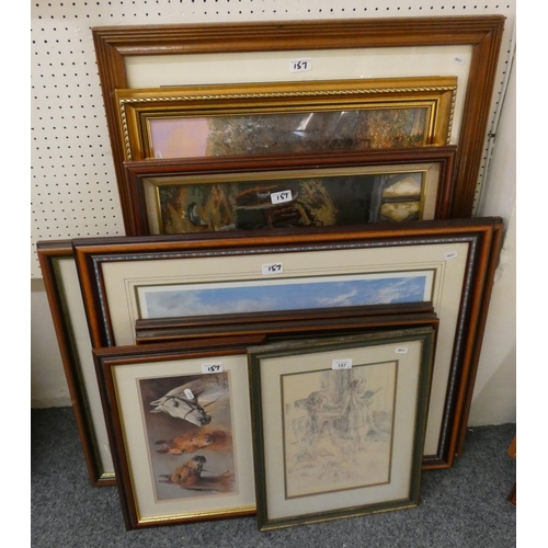 157 - A collection of ten framed pictures, including prints and a woolwork.