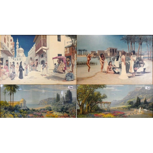 160 - Two framed prints depicting Egyption market and bathing, together with a pair of facsimile prints af... 