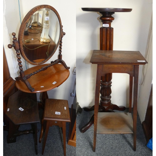 170 - A mahogany torchere, oak plant stand, mahogany oval tripod occasional table, 2 smaller oak plant sta... 