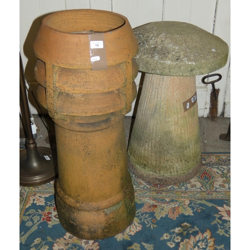 18 - A terracotta chimney pot, together with a composite garden toadstool, 65cm tall (2).