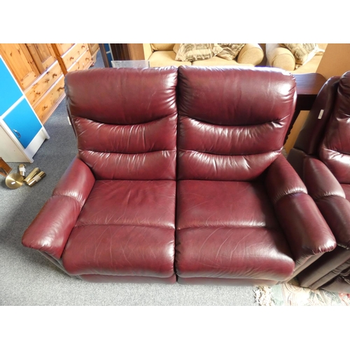 183 - A lazyboy 3 seater settee approx 195 cm wide in wine red leather, together with a matching 2 seater ... 