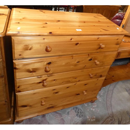188 - A pine 4 drawer chest 90 cm wide x 43 cm deep x 97 cm tall on bun feet.