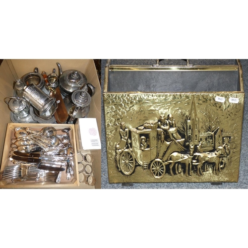 30 - Loose silver plated cutlery, brass magazine rack and other plated wares.