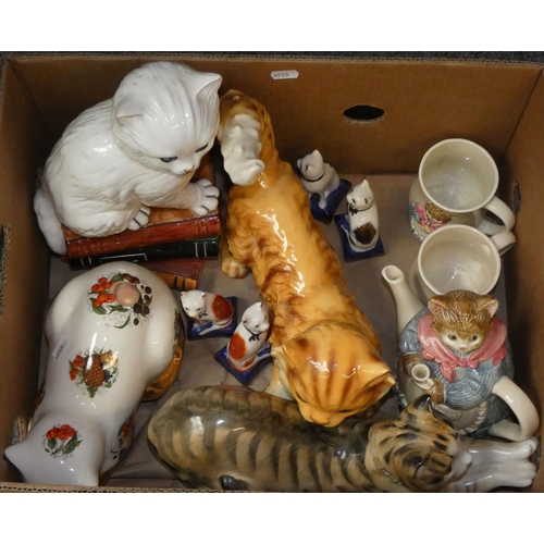 48 - Three boxes of various ceramics including collector plates, models of cats, substantial jardiniere, ... 