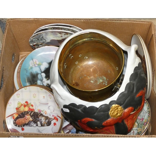 48 - Three boxes of various ceramics including collector plates, models of cats, substantial jardiniere, ... 