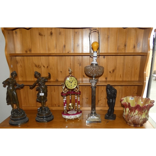 59 - A pair of spelter figurines 'Musique & Melodie' on wooden plinths, together with a mantel clock, jar... 