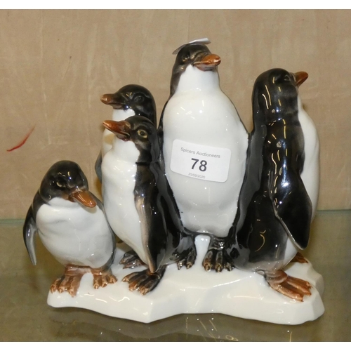 78 - A Spanish porcelain of a group of five Penguins, 17 cm high x 20 cm wide.