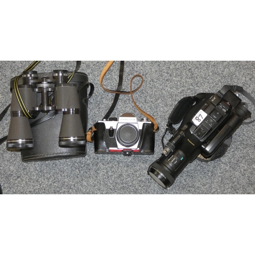 87 - A pair of Miranda 16 x 50 binoculars in case together eith Panasonic video recorder and a Praktiea P... 