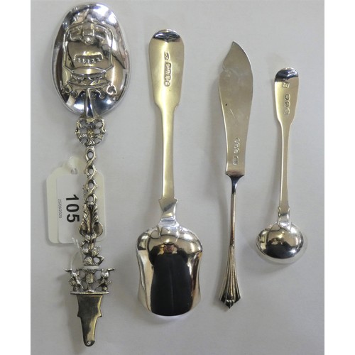105 - A Victorian Scottish silver fiddle pattern sugar spoon, Edinburgh 1838, a Dutch silver spoon, a must... 