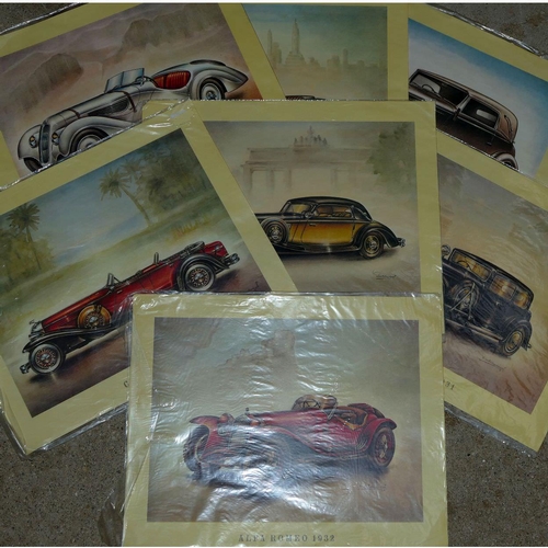 26 - Seven prints of 1930's motorcars, to include, Alfa Romeo, Horsch and BMW, unframed.
