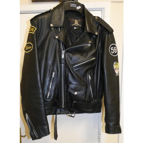 59 - A gentleman's Ashy of London black leather jacket, size 40, with applied patches.