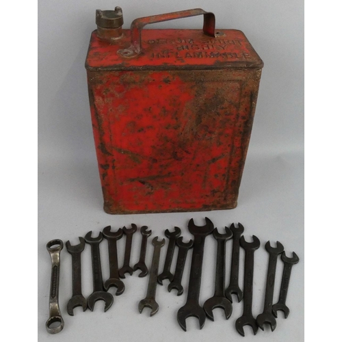 104 - A SM & BP red petrol can with brass cap, together with various spanners including Jaguar and Daimler... 