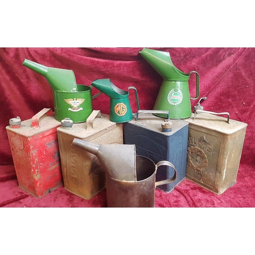 105 - Four petrol cans with brass caps, PRATTS, SHELLMAX, ESSO and SM 7 BP, together with four oil jugs (8... 