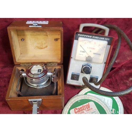 154 - A Ferod brake testing meter, a Cryton cylinder leakage tester and various Castrol timing charts.