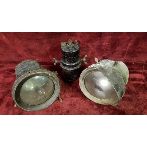 303 - Two Lucas King of the Road motorcycle acetylene lamps and a carbide holder (3).