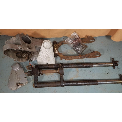 314 - Various Panther parts to include a crankcase, number 50M265C, a pair of front forks and a swinging a... 