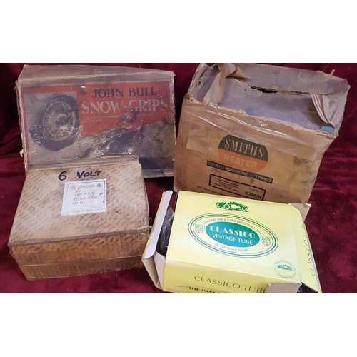 92 - A NOS John Bull snow grips No 1, in box, a NOS Smiths heater, R200/m for a Morris Minor, a Lucas 6 v... 