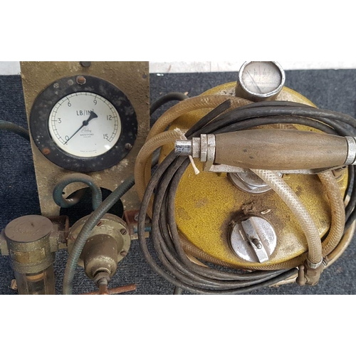 97 - A quantity of pressure gauges and a hand pump compressor (2).