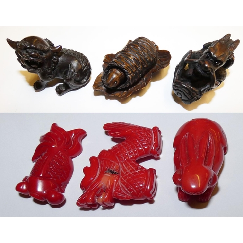 152 - A Japanese carved red coral rabbit figure, length 4.5 cm, two other carved red coral figures and thr... 