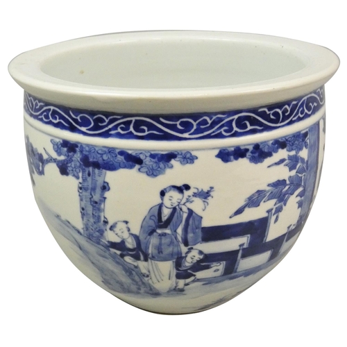 159 - A Chinese Qing dynasty blue and white jardiniere, decorated with a lady and two boys, height 19 cm.