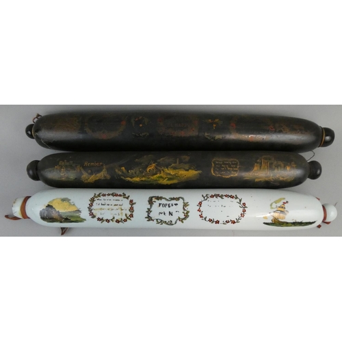 167 - A Victorian milk glass rolling pin entitled 'Forget me Not', with floral and maritime decoration, be... 