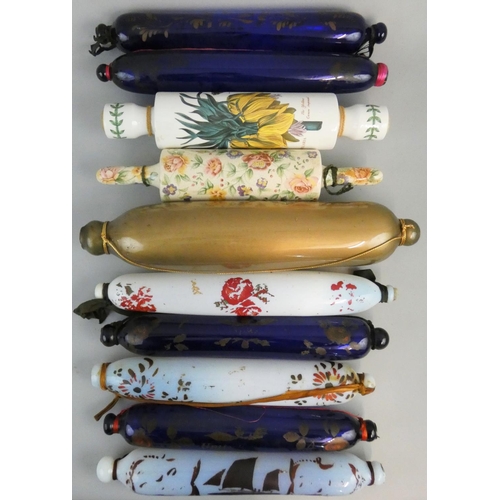 168 - A collection of Victorian glass rolling pins, decorated in various patterns to include fritillary, f... 