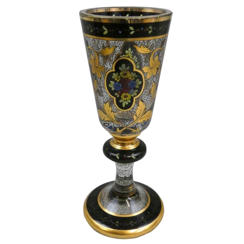 169 - A late 19th century continental painted glass goblet, with gilt and black decoration, knot stem, hei... 