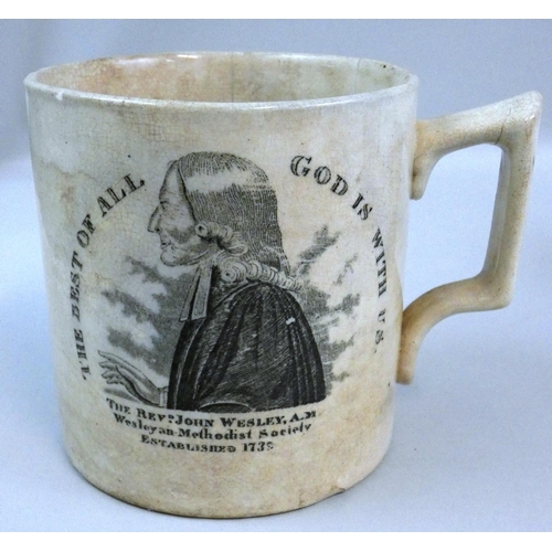 185 - A 19th century commemorative mug printed on one side with the Rev. John Wesley, on the other side wi... 