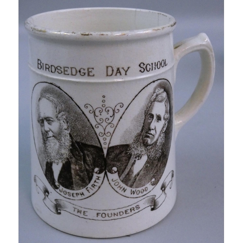 185 - A 19th century commemorative mug printed on one side with the Rev. John Wesley, on the other side wi... 