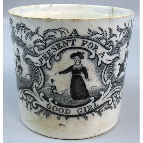 185 - A 19th century commemorative mug printed on one side with the Rev. John Wesley, on the other side wi... 