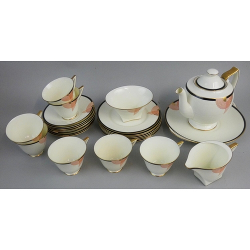 199 - A Royal Doulton Art Deco part tea set in the 'Tango' pattern, Rd No. 776716, comprising seven trios ... 