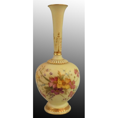 208 - A Royal Worcester blush ivory bud vase, painted floral decoration on apricot ground, gilt highlights... 