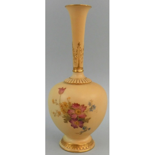 208 - A Royal Worcester blush ivory bud vase, painted floral decoration on apricot ground, gilt highlights... 