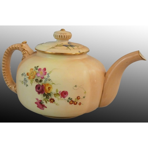 210 - A Royal Worcester blush ivory teapot, ribbed handle and floral decoration on apricot ground, puce da... 