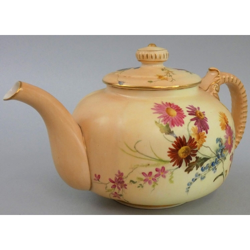 210 - A Royal Worcester blush ivory teapot, ribbed handle and floral decoration on apricot ground, puce da... 