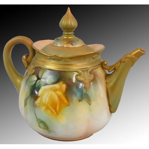 211 - A Royal Worcester blush ivory teapot, painted floral decoration on an apricot ground, the handle, fi... 