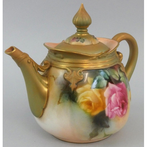 211 - A Royal Worcester blush ivory teapot, painted floral decoration on an apricot ground, the handle, fi... 