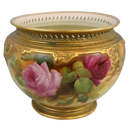 213 - A Royal Worcester blush ivory large jardiniere, painted pink and magenta rose decoration, puce date ... 