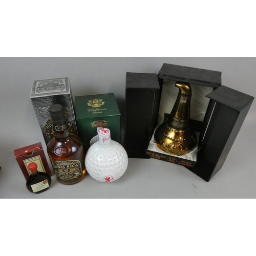 231 - Whyte and Mckay, pot still decanter, 12 year old blend, case, Old St. Andrews Clubhouse, blend, Chiv... 