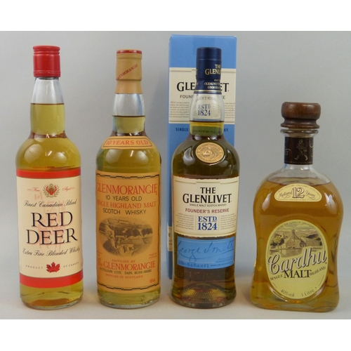 236 - Cardhu, matured 12 years, 1 litre, The Glenlivet Founders Reserve, Glenmorganie, 10 year old and Red... 