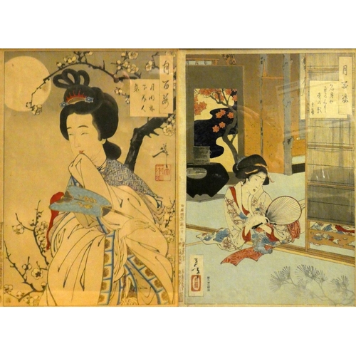 263 - 20th century Japanese wood block print, lady with fan, signed, 33 x 23 cm framed and another similar... 