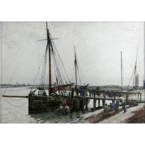 278 - Hely Augustus Morton Smith, (1862-1941), fishing boat at the quay, watercolour, signed lower right h... 