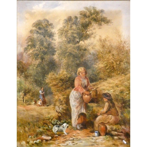 281 - 19th Century English School, rural scene with figures at a well, unsigned, watercolour,  98 x 76 cm,... 