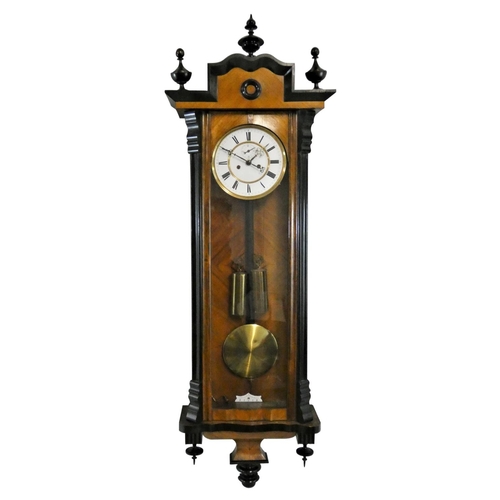 352 - A 19th century walnut and ebony Vienna style wall clock, the white enamel two part dial with black R... 