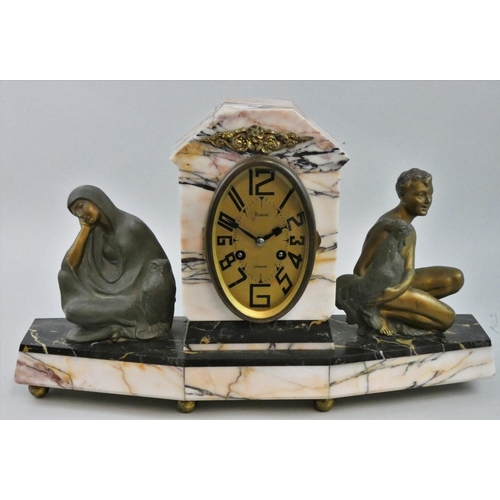 355 - A French variegated pink marble and spelter Art Deco mantle clock, the oval dial signed Robin, Jarge... 