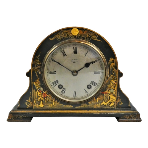 357 - An early 20th century Chinoiserie mantle clock, the silvered dial with black Roman numerals, signed ... 