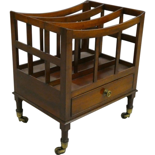 380 - A 19th century three division mahogany Canterbury, the concave top, over a single drawer, raised on ... 